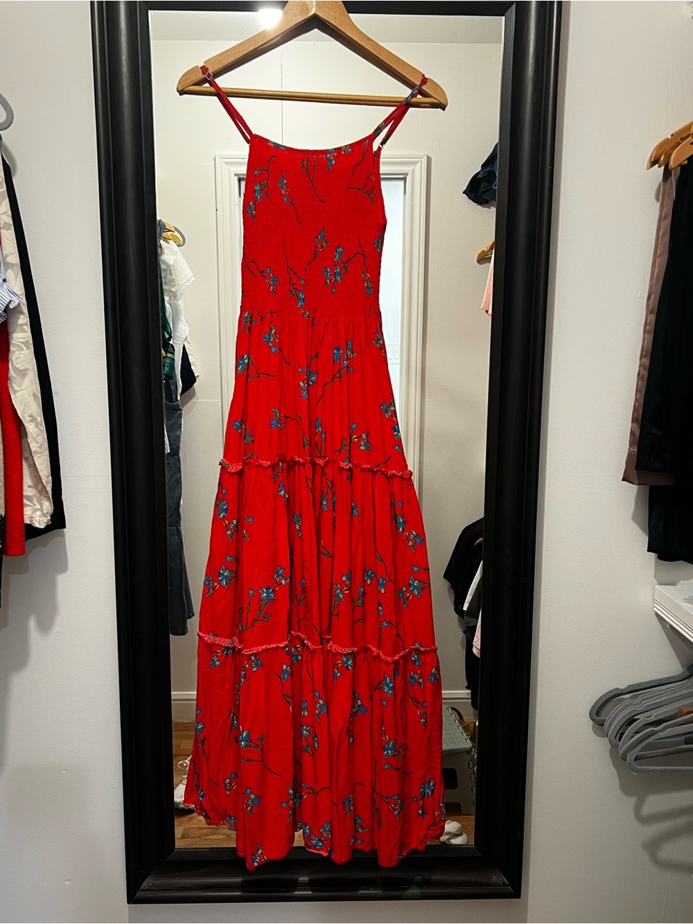 Red Floral Tiered Maxi Dress - Women's Spaghetti Strap